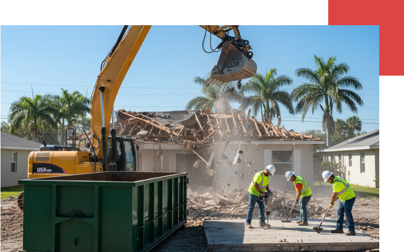 Demolition Services - Bonita Springs 1 A yellow excavator with a long arm tears down the second-story wall of a wooden residential house from the ground. Three construction workers in high-visibility vests and hard hats are working on the debris piles near a large black dumpster. The demolition occurs on a sunny day in a suburban area with palm trees.