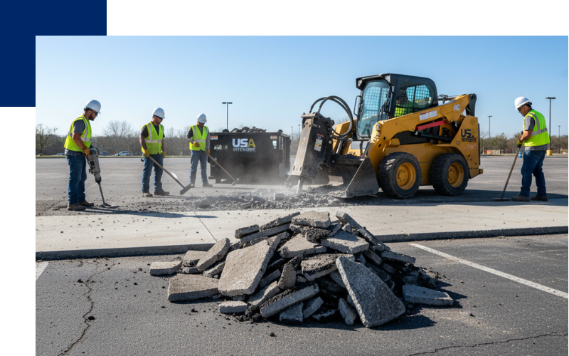 Demolition Services - Bonita Springs 2 our construction workers in safety gear use various tools, including a jackhammer, to break up a concrete foundation in a large, open area. A yellow skid-steer loader equipped with a breaker attachment is actively working, and a small trailer labeled USA SiteWorx is nearby to haul the broken concrete and asphalt debris.