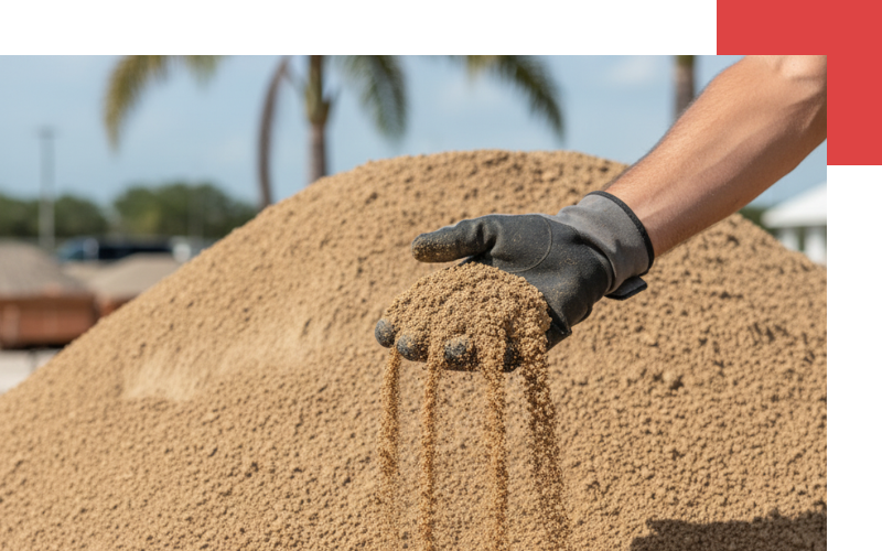 A gloved hand sifting high-quality fill dirt, letting it pour through the fingers, with a large pile of dirt, a USA SiteWorx sign, and palm trees in the blurred background.