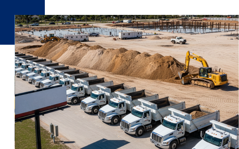 An aerial shot showcasing a large fleet of USA SiteWorx dump trucks parked in neat rows next to a sizable construction site with earthmoving equipment and substantial piles of fill dirt.