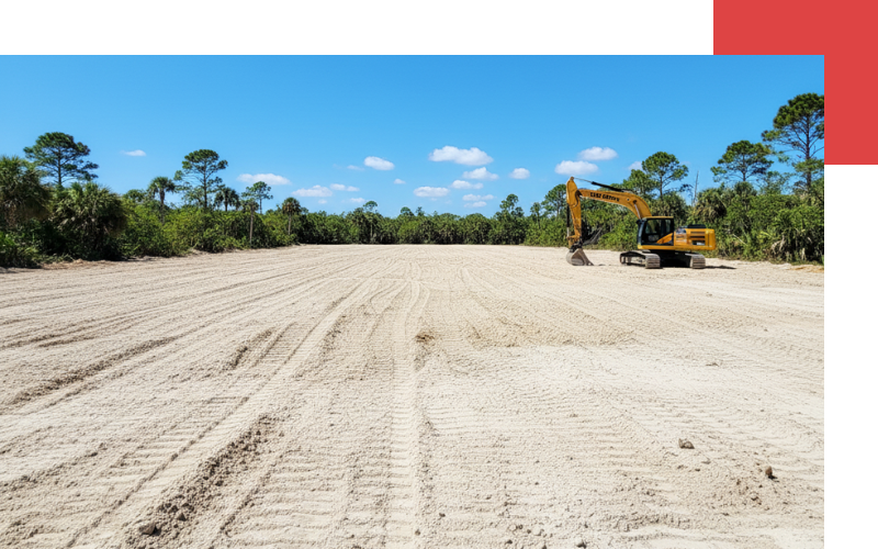 A vast, newly cleared and leveled sandy lot under a bright blue sky, with an excavator parked to the side, ready for further development.