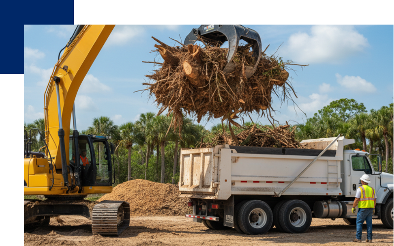 A large yellow excavator with a grapple attachment, emblazoned with the USA SiteWorx logo, lifting a massive clump of tree stumps and roots to load into a USA SiteWorx dump truck on a sunny day.